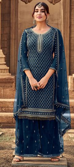 Festive, Party Wear Blue color Salwar Kameez in Georgette fabric with Palazzo Embroidered, Thread work : 1782702