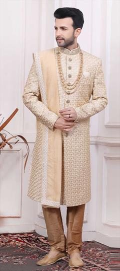Beige and Brown color Sherwani in Art Silk fabric with Embroidered, Resham, Sequence, Thread work : 1782768
