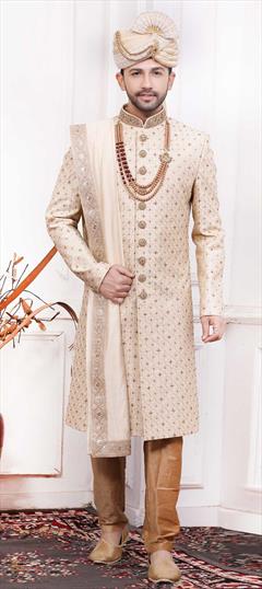 Beige and Brown color Sherwani in Art Silk fabric with Bugle Beads, Cut Dana, Embroidered, Resham, Sequence, Thread work : 1782775