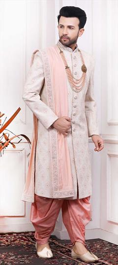 White and Off White color Dhoti Sherwani in Art Silk fabric with Embroidered, Resham, Sequence, Thread work : 1782786