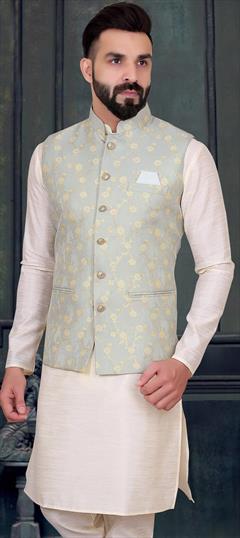 Black and Grey color Nehru Jacket in Brocade fabric with Weaving work : 1782856