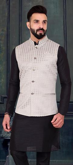 White and Off White color Nehru Jacket in Jacquard fabric with Weaving work : 1782859