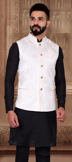White and Off White color Nehru Jacket in Jacquard fabric with Weaving work : 1782860