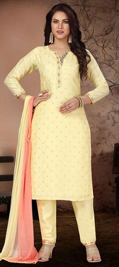 Festive, Party Wear Yellow color Salwar Kameez in Muslin fabric with Straight Embroidered, Resham, Thread work : 1783127