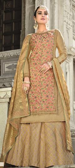 Festive, Party Wear Beige and Brown color Long Lehenga Choli in Handloom fabric with Embroidered, Resham, Stone, Thread, Zari work : 1783392