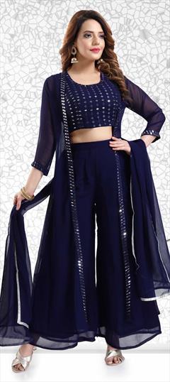 Engagement, Festive, Party Wear Blue color Salwar Kameez in Faux Georgette fabric with Palazzo Mirror work : 1783553