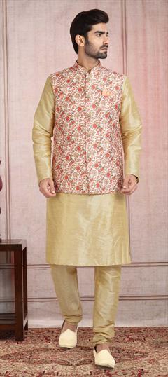 Beige and Brown color Kurta Pyjama with Jacket in Banarasi Silk fabric with Printed work : 1783606