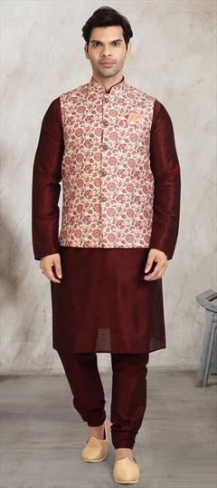 Red and Maroon color Kurta Pyjama with Jacket in Banarasi Silk fabric with Printed work : 1783607