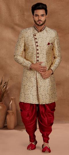 Beige and Brown color IndoWestern Dress in Jacquard fabric with Weaving work : 1783699