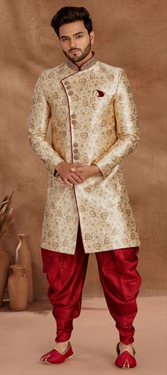 Beige and Brown color IndoWestern Dress in Jacquard fabric with Bugle Beads, Weaving work : 1783700
