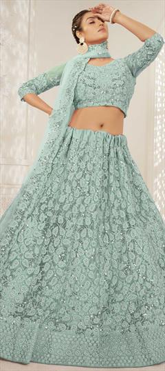 Engagement, Mehendi Sangeet Blue color Lehenga in Net fabric with A Line Embroidered, Resham, Sequence, Thread work : 1783963
