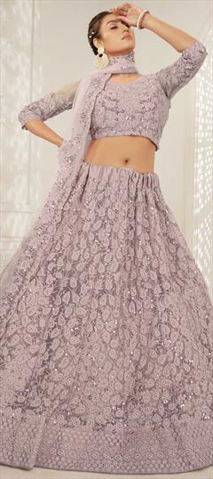 Engagement, Mehendi Sangeet Beige and Brown color Lehenga in Net fabric with A Line Embroidered, Resham, Sequence, Thread work : 1783965