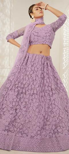 Engagement, Mehendi Sangeet Purple and Violet color Lehenga in Net fabric with A Line Embroidered, Resham, Sequence, Thread work : 1783966