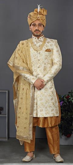 Beige and Brown color Sherwani in Art Silk fabric with Embroidered, Sequence, Thread work : 1784024
