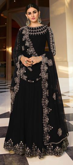 Festive, Party Wear Black and Grey color Salwar Kameez in Art Silk fabric with Anarkali Embroidered, Lace, Stone, Thread work : 1784115