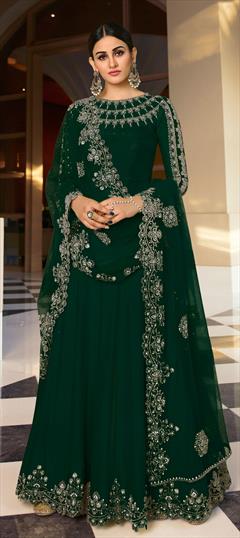 Festive, Party Wear Green color Salwar Kameez in Art Silk fabric with Anarkali Embroidered, Lace, Stone, Thread work : 1784118