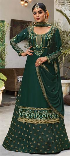 Engagement, Mehendi Sangeet, Party Wear Green color Long Lehenga Choli in Georgette fabric with Embroidered, Resham, Sequence, Stone work : 1784146