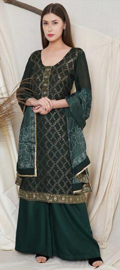 Festive, Party Wear Green color Salwar Kameez in Chiffon fabric with Palazzo Resham, Sequence, Thread work : 1784169