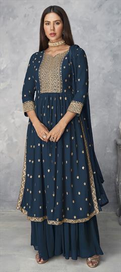 Festive, Party Wear Blue color Salwar Kameez in Faux Georgette fabric with Palazzo Embroidered, Lace, Sequence, Thread work : 1784245