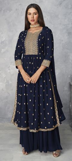 Festive, Party Wear Blue color Salwar Kameez in Faux Georgette fabric with Palazzo Embroidered, Lace, Sequence, Thread work : 1784247