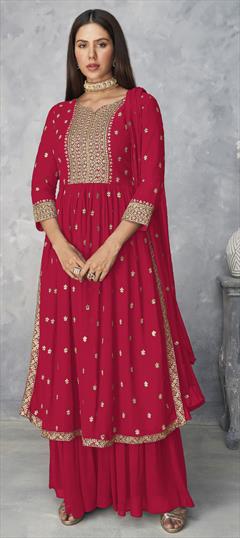 Festive, Party Wear Pink and Majenta color Salwar Kameez in Faux Georgette fabric with Palazzo Embroidered, Lace, Sequence, Thread work : 1784251