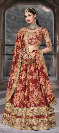 Engagement, Wedding Red and Maroon color Lehenga in Organza Silk fabric with A Line Floral, Printed, Sequence, Zari work : 1784425