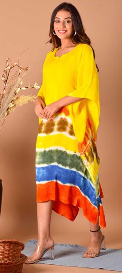 Yellow color Kaftan in Rayon fabric with Printed, Tye n Dye work : 1784529