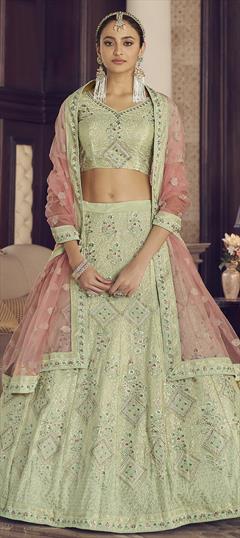 Bridal, Wedding Green color Lehenga in Crepe Silk fabric with A Line Sequence, Thread, Zircon work : 1784532