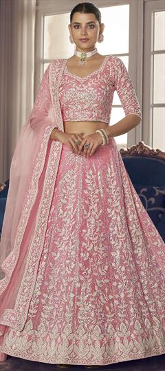 Bridal, Wedding Pink and Majenta color Lehenga in Organza Silk fabric with A Line Sequence, Thread work : 1784544