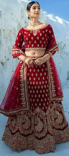 Bridal, Wedding Red and Maroon color Lehenga in Velvet fabric with A Line Embroidered, Stone, Thread work : 1784546
