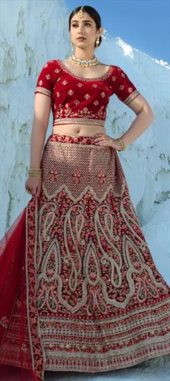 Bridal, Wedding Red and Maroon color Lehenga in Velvet fabric with A Line Embroidered, Stone, Thread work : 1784550