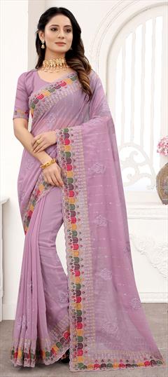 Party Wear, Reception Purple and Violet color Saree in Georgette fabric with Classic Embroidered, Resham, Sequence, Zari work : 1784564
