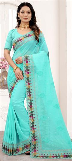 Party Wear, Reception Blue color Saree in Georgette fabric with Classic Embroidered, Resham, Sequence, Zari work : 1784565
