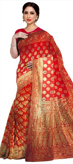 Bridal, Traditional, Wedding Red and Maroon color Saree in Kanchipuram Silk, Silk fabric with South Embroidered, Stone, Weaving work : 1784567