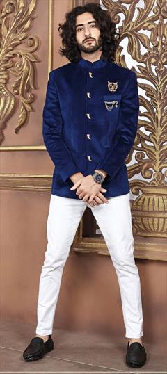 Blue color Jodhpuri Suit in Velvet fabric with Broches work : 1784679