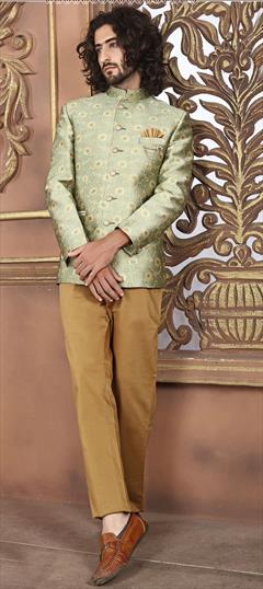 Green color Jodhpuri Suit in Jacquard fabric with Broches, Weaving work : 1784691