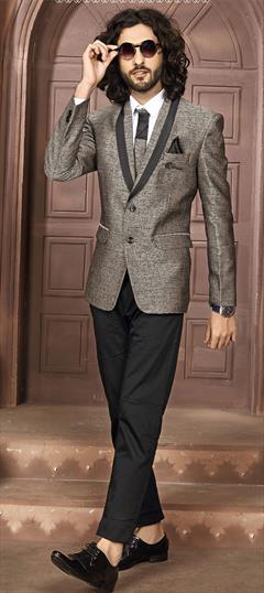 Black and Grey color 2 Piece Suit (with shirt) in Brocade fabric with Broches work : 1784712