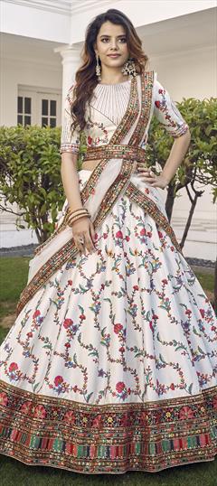 Reception, Wedding White and Off White color Lehenga in Silk fabric with A Line Embroidered, Resham, Sequence, Thread work : 1784945