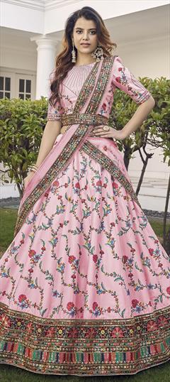 Reception, Wedding Pink and Majenta color Lehenga in Silk fabric with A Line Embroidered, Resham, Sequence, Thread work : 1784947