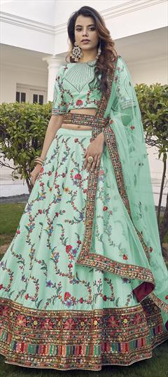 Reception, Wedding Green color Lehenga in Silk fabric with A Line Embroidered, Resham, Sequence, Thread work : 1784951