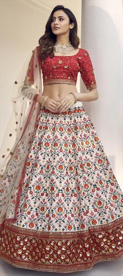 Reception, Wedding White and Off White color Lehenga in Art Silk fabric with A Line Embroidered, Resham, Sequence, Thread work : 1784954