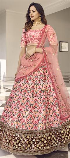 Reception, Wedding Pink and Majenta color Lehenga in Art Silk fabric with A Line Embroidered, Resham, Sequence, Thread work : 1784957