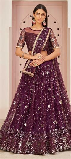 Reception, Wedding Purple and Violet color Lehenga in Net fabric with A Line Embroidered, Sequence, Thread, Zari work : 1785151