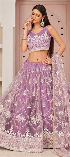Reception, Wedding Purple and Violet color Lehenga in Net fabric with A Line Embroidered, Sequence, Thread, Zari work : 1785158