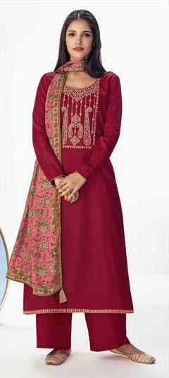 Party Wear Red and Maroon color Salwar Kameez in Tussar Silk fabric with Straight Embroidered, Thread, Zari work : 1785313