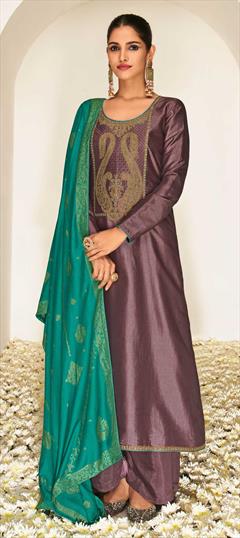 Party Wear Purple and Violet color Salwar Kameez in Art Silk fabric with Straight Embroidered, Thread, Zari work : 1785324
