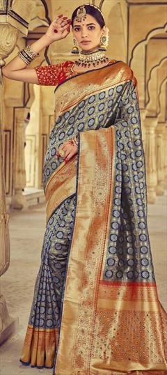 Bridal, Traditional, Wedding Blue, Gold color Saree in Patola Silk, Silk fabric with South Border, Embroidered, Mirror work : 1785474