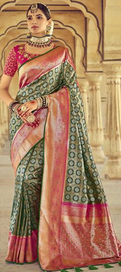 Bridal, Mehendi Sangeet, Traditional, Wedding Gold, Green color Saree in Patola Silk, Silk fabric with South Border, Embroidered, Mirror work : 1785490
