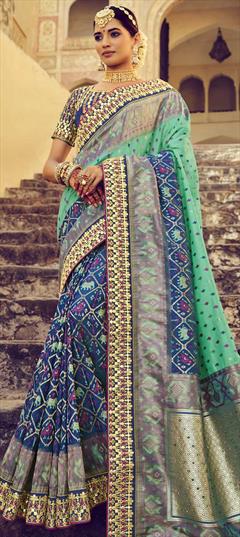 Bridal, Traditional, Wedding Blue, Green color Saree in Patola Silk, Silk fabric with South Border, Embroidered, Mirror work : 1785497