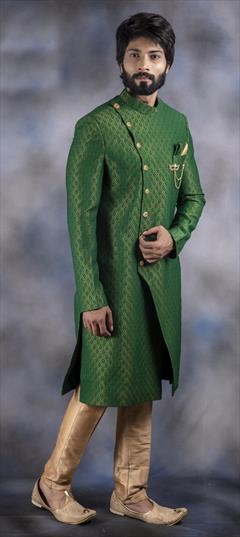 Green color IndoWestern Dress in Jacquard fabric with Broches work : 1785637